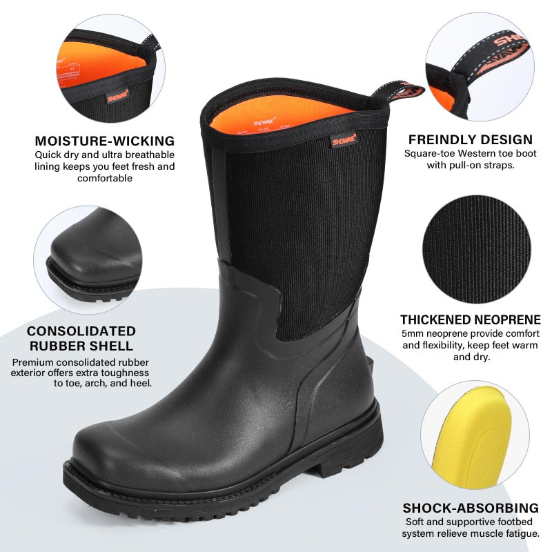 Showave Square Toe Rubber Boots for Men Insulated Rain Boots Men Waterproof Mud Boot for Gardening Farming Outdoor(Black,Size 11) - Image 3