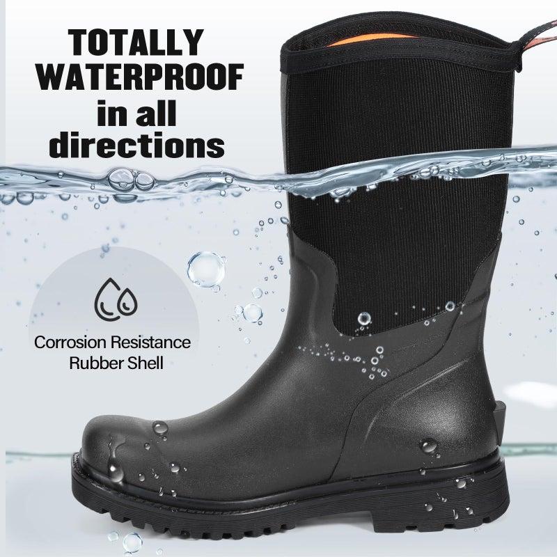 Showave Square Toe Rubber Boots for Men Insulated Rain Boots Men Waterproof Mud Boot for Gardening Farming Outdoor(Black,Size 11) - Image 2