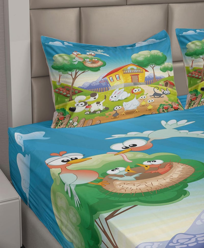 Lunarable Animal Sheet Set, Farm House Scenery Chicken Rabbit Dogs Cat Funny Cartoon Art Funny Theme, Fitted and Flat Sheet with Pillowcases Bedding Accent 4 Piece Set, King, Blue Yellow - Image 2