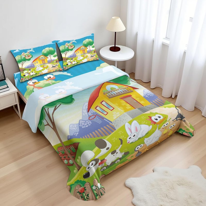 Lunarable Animal Sheet Set, Farm House Scenery Chicken Rabbit Dogs Cat Funny Cartoon Art Funny Theme, Fitted and Flat Sheet with Pillowcases Bedding Accent 4 Piece Set, King, Blue Yellow - Image 1
