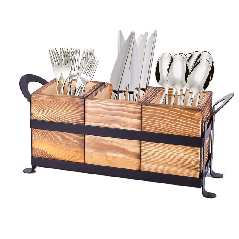 Earssa Wood Utensil Holder Silverware Caddy with Metal Rack Detachable Utensil Caddy for Party Flatware Organizer for Kitchen Forks Spoons Knives Storage - Image 2