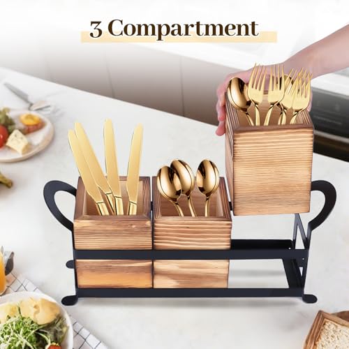Earssa Wood Utensil Holder Silverware Caddy with Metal Rack Detachable Utensil Caddy for Party Flatware Organizer for Kitchen Forks Spoons Knives Storage - Image 3
