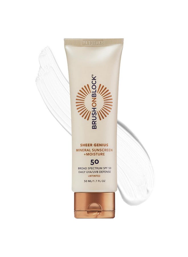 Brush On Block - Brush On Block Sheer Genius Mineral Sunscreen plus Moisturizer, SPF 50, UVA/UVB & Blue Light Protection with Hyaluronic Acid, Goes on Sheer, No Residue, Reef Friendly, Vegan, Translucent, 1.7 oz - Image 1