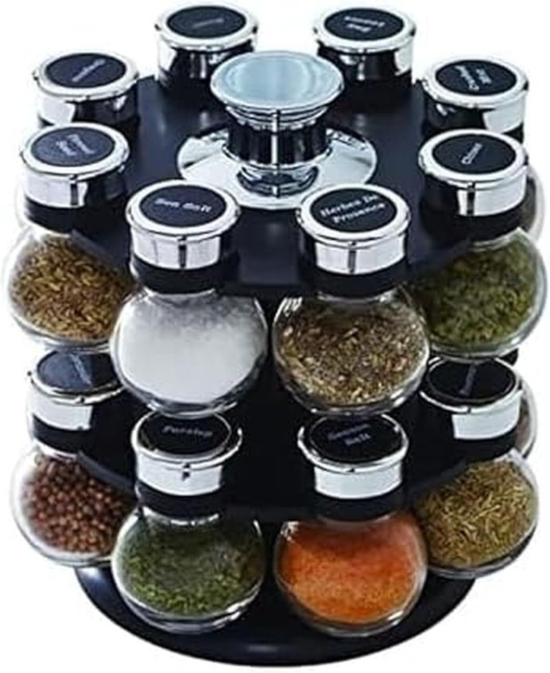 Kamenstein 16 Jar Ellington Revolving Countertop Spice Rack with Lift & Pour Caps and Spices Included, FREE Spice Refills for 5 Years: Black and Chrome - Image 1