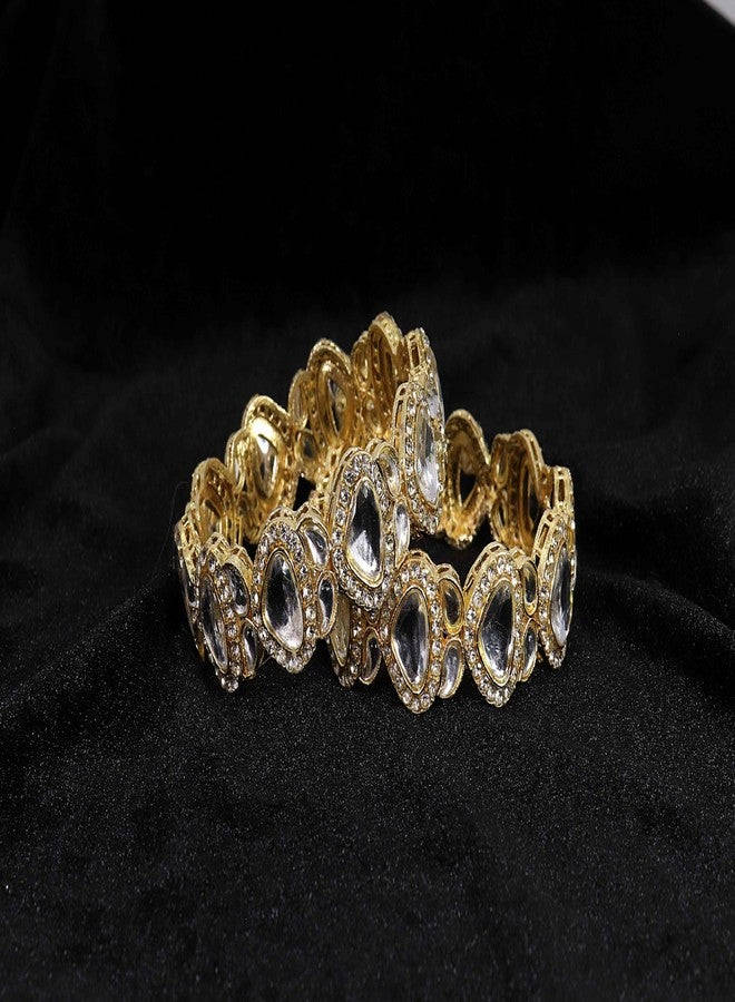 NMII Premium Alloy Metal American Diamond Studded Bangles Set For Women & Girls | Rajwadi Kada | Kundan Stone Bangles | Wedding Jewellery-(NAB81-Gold-2.4) - Image 3