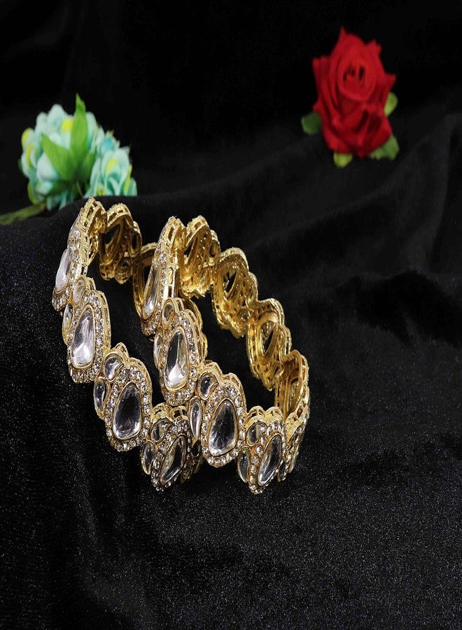 NMII Premium Alloy Metal American Diamond Studded Bangles Set For Women & Girls | Rajwadi Kada | Kundan Stone Bangles | Wedding Jewellery-(NAB81-Gold-2.4) - Image 4
