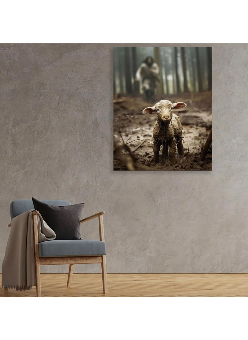 SYOSI Lamb Canvas Wall Art, (12x16 inch) Jesus Chasing Lost Lamb Picture Canvas Print of Lamb Home Decor Lamb Canvas Print Decorative Lamb Canvas Art Lamb Landscape Wall Art Canvas for Home Sea Lake Bedroom  - Image 4