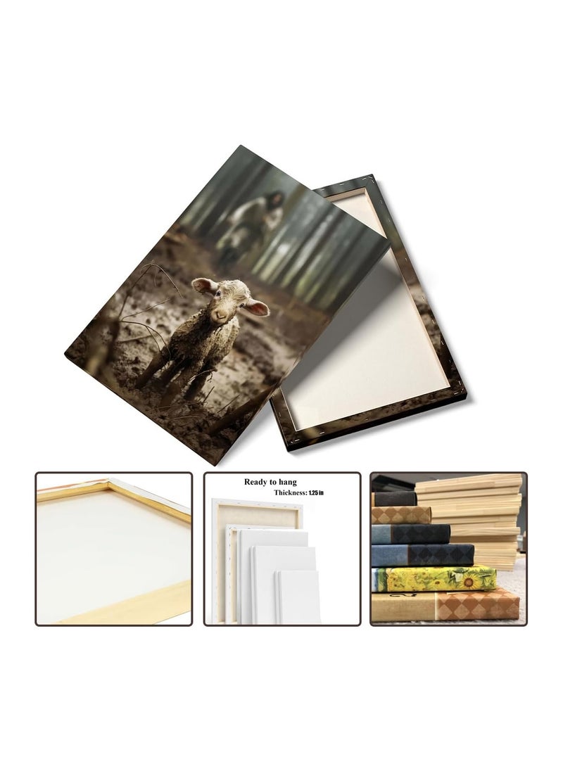 SYOSI Lamb Canvas Wall Art, (12x16 inch) Jesus Chasing Lost Lamb Picture Canvas Print of Lamb Home Decor Lamb Canvas Print Decorative Lamb Canvas Art Lamb Landscape Wall Art Canvas for Home Sea Lake Bedroom  - Image 2