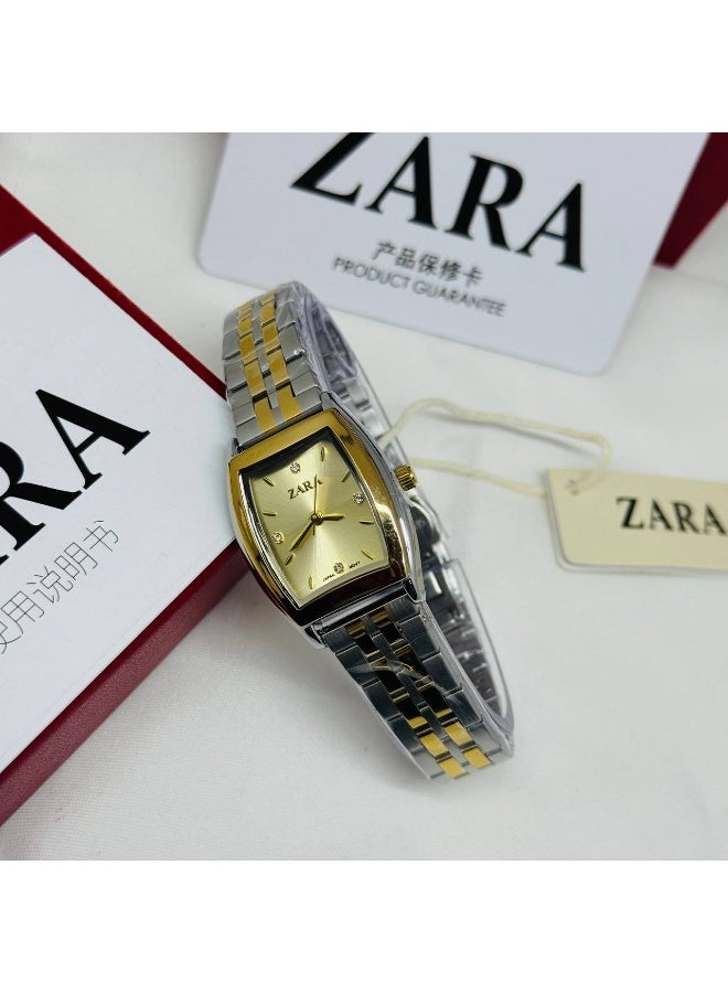 ZARA Luxury Women's Gold-Tone Barrel Watch | Gold Dial with Crystal Markers | Stainless Steel Bracelet