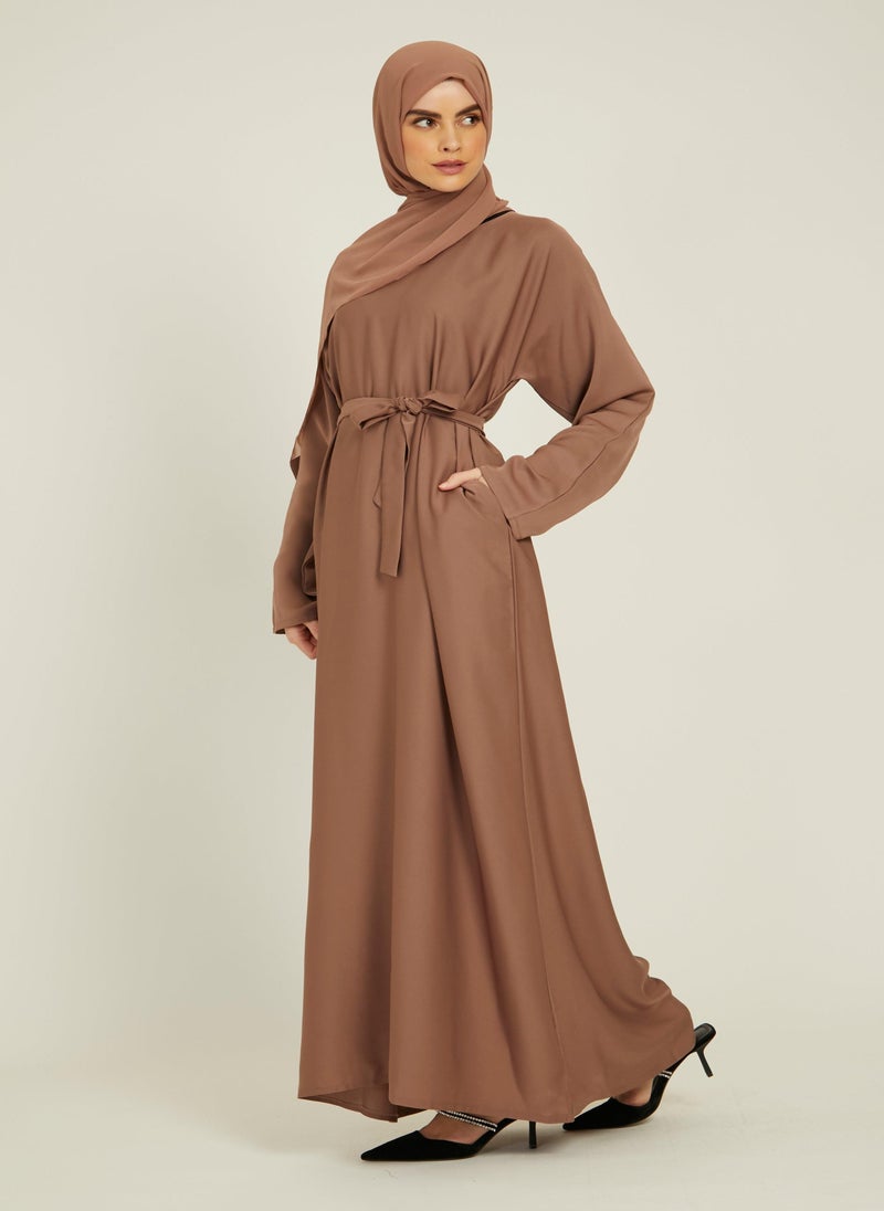 NUKHBAA Elegant Brown plain abaya wityh belt and Hijab-AB52  - Image 1