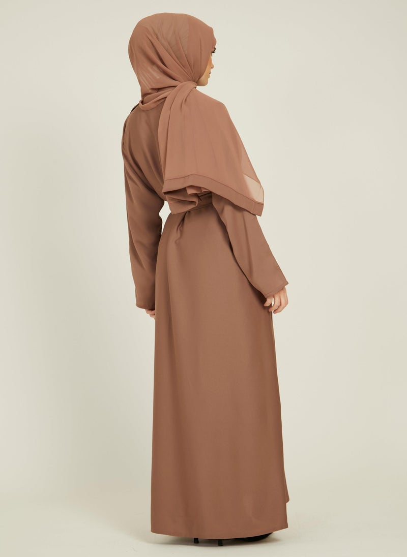 NUKHBAA Elegant Brown plain abaya wityh belt and Hijab-AB52  - Image 3