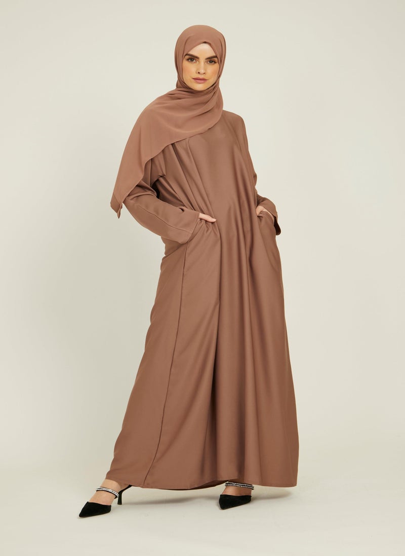 NUKHBAA Elegant Brown plain abaya wityh belt and Hijab-AB52  - Image 2