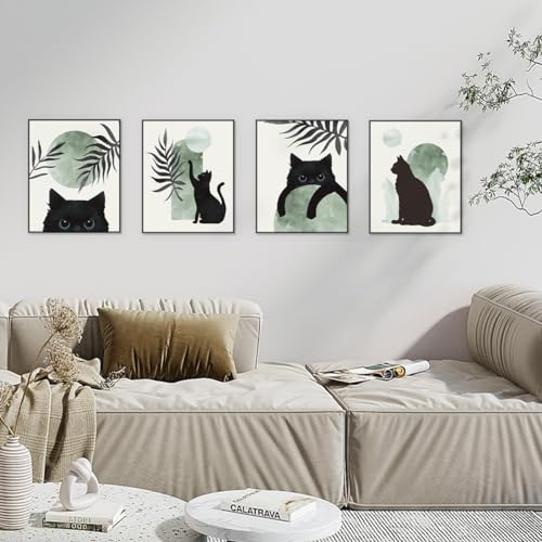 PLKMN Sage Green Wall Art Set of 4, Boho Black Cat Posters, Aesthetic Green and Black Decor, Cute Gifts for Cat Lovers, 8x10 Inch, Unframed - Image 2