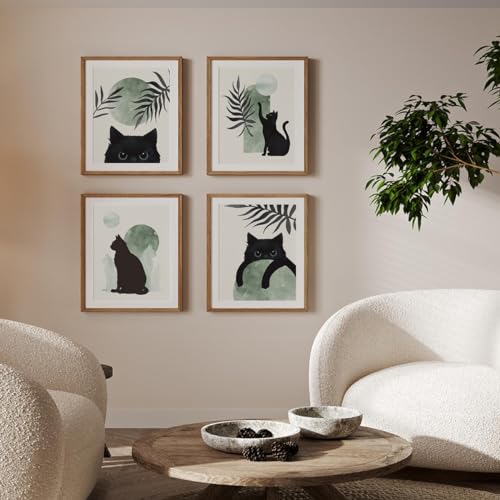 PLKMN Sage Green Wall Art Set of 4, Boho Black Cat Posters, Aesthetic Green and Black Decor, Cute Gifts for Cat Lovers, 8x10 Inch, Unframed - Image 4
