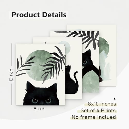 PLKMN Sage Green Wall Art Set of 4, Boho Black Cat Posters, Aesthetic Green and Black Decor, Cute Gifts for Cat Lovers, 8x10 Inch, Unframed - Image 5