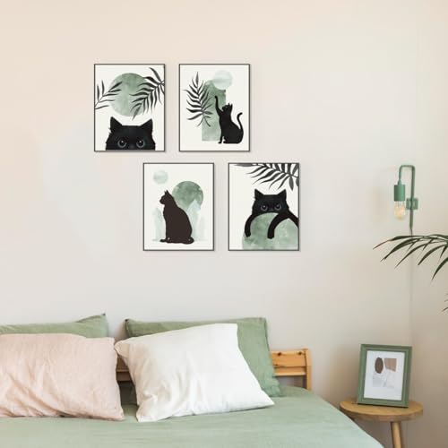PLKMN Sage Green Wall Art Set of 4, Boho Black Cat Posters, Aesthetic Green and Black Decor, Cute Gifts for Cat Lovers, 8x10 Inch, Unframed - Image 3