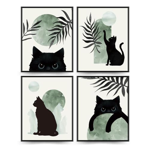 PLKMN Sage Green Wall Art Set of 4, Boho Black Cat Posters, Aesthetic Green and Black Decor, Cute Gifts for Cat Lovers, 8x10 Inch, Unframed - Image 1
