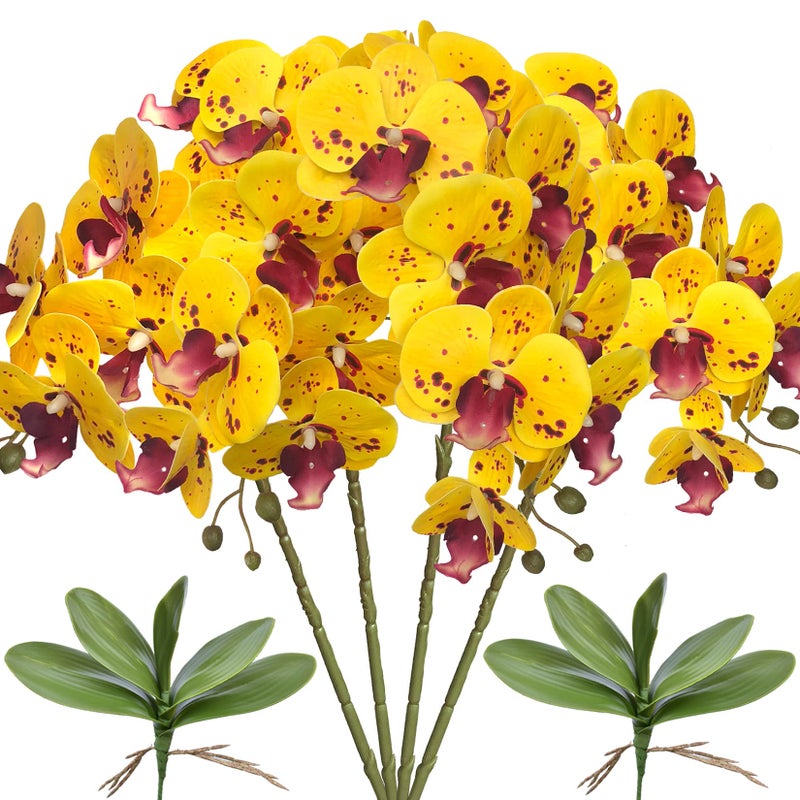 FagusHome 32 Artificial Phalaenopsis Flowers 4 Pcs with 2 Bundles Leaves Artificial Orchid Flowers Stem Plants Fake Butterfly Phalaenopsis Flowers for Home Wedding Party Dcor Yellow Piebald
