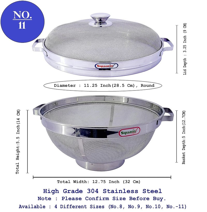 SQUARO High Grade 304 Stainless Steel Fruit Vegetable Basket with Cover Draining Strainer Kitchen Accessories for Home Lid Basket No11 Diameter 11 Inch - Image 2