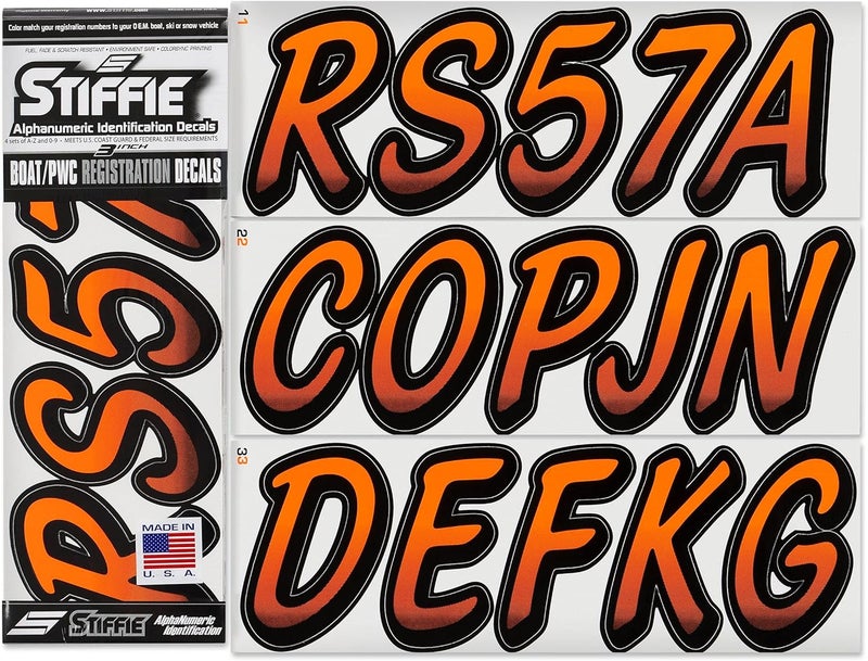 Stiffie Whipline Electric Orange/Black 3" Boat & PWC Registration Decals • Numbers Letters Stickers - Image 1