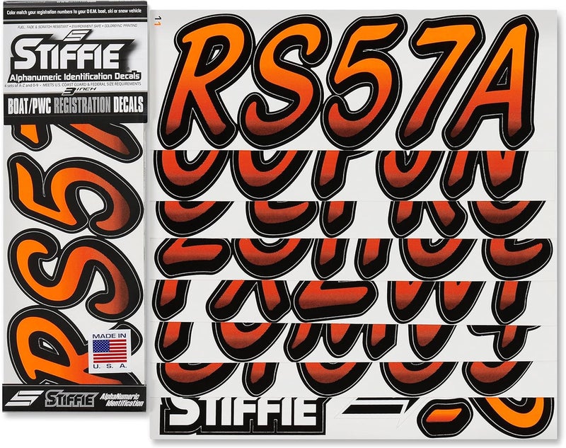 Stiffie Whipline Electric Orange/Black 3" Boat & PWC Registration Decals • Numbers Letters Stickers - Image 2