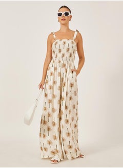 Styli Beige Palm Tree Print Wide Leg Jumpsuit  - Image 1