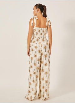Styli Beige Palm Tree Print Wide Leg Jumpsuit  - Image 4