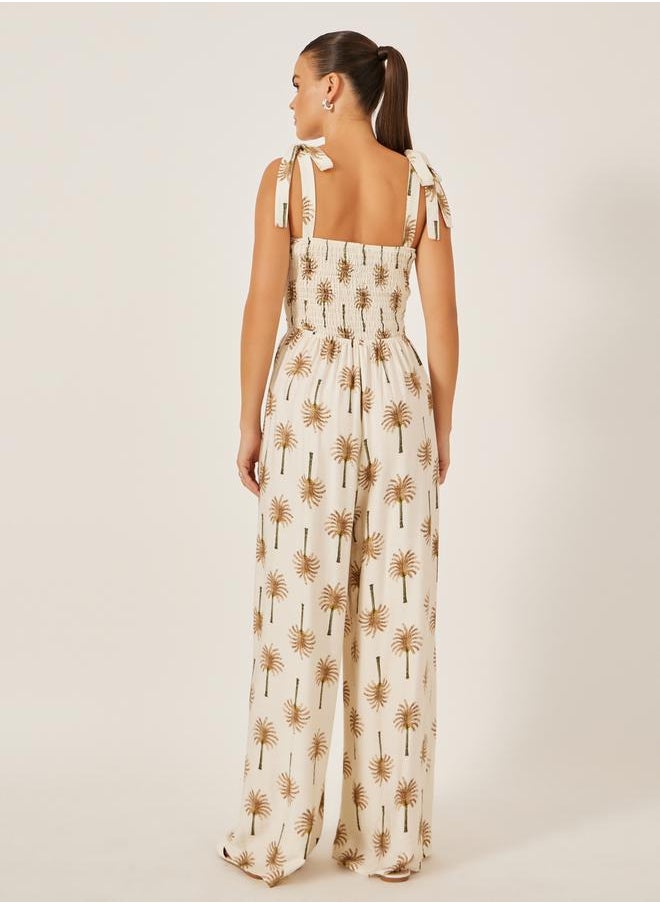 Styli - Beige Palm Tree Print Wide Leg Jumpsuit - Image 1