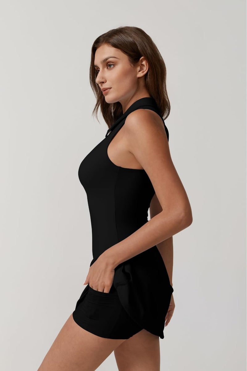 QINSEN Womens Tennis Dress with Shorts with Pockets Sleveless Polo Neck Workout Dresses Black M - Image 4