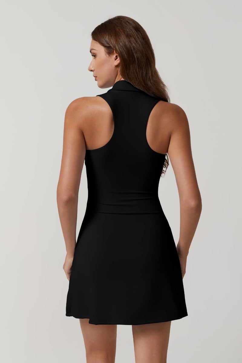 QINSEN Womens Tennis Dress with Shorts with Pockets Sleveless Polo Neck Workout Dresses Black M - Image 2