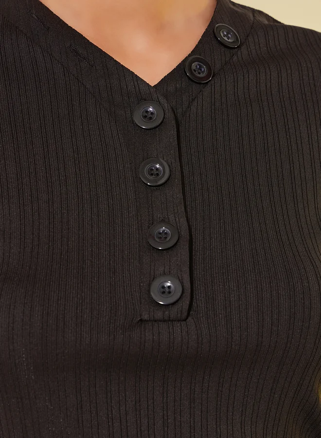 Take Two Solid Textured V-Neck Buttoned Top