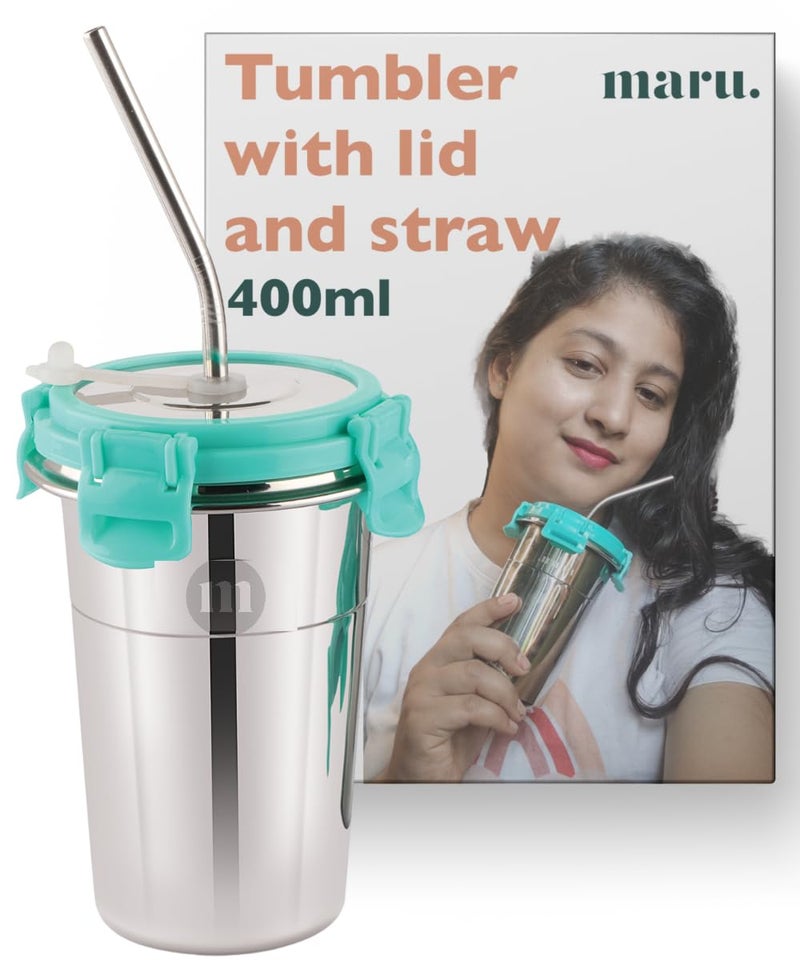 MARU Stainless Steel Tumbler 400ml with Lid, Reusable Straw & Cleaning Brush – Durable, Leakproof & Portable Sippy Cup – Ideal for Travel, Office & Home (Green) - Image 1