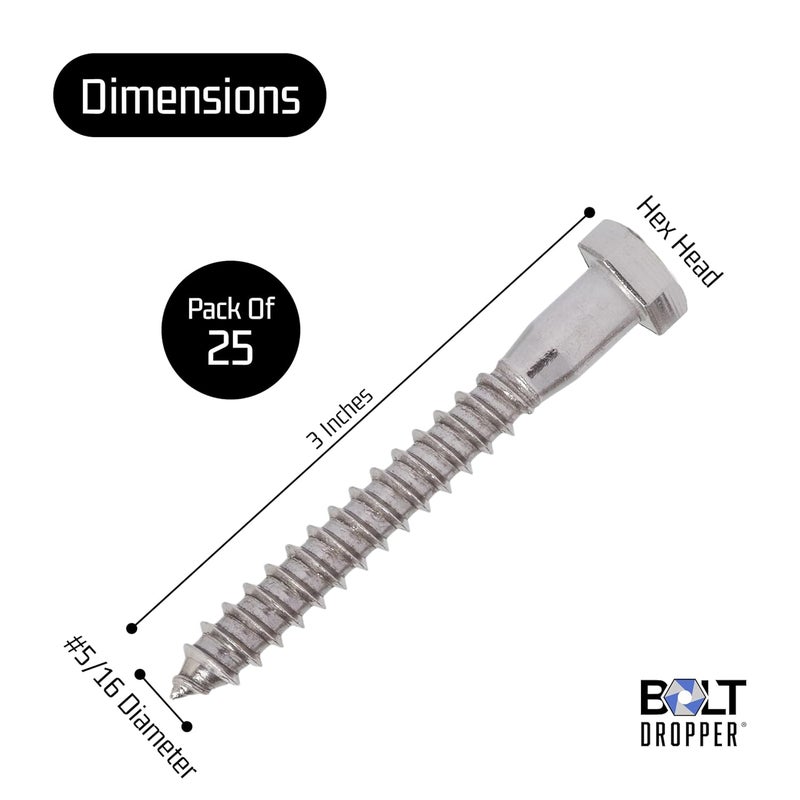 Bolt Dropper 25 Pack 5/16 x 3 Inch Stainless Steel Lag Bolts - Hex Head Lag Screws with Coarse Threads - Heavy Duty 304 Grade Bolts for Wood and Concrete Projects - Rust Resistant and Durable - Image 3