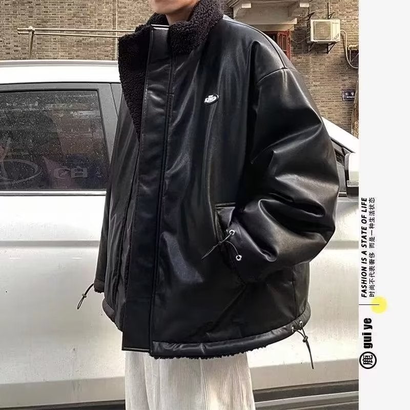 Mens Reversible Cotton Jacket Thick Warm Sherpa Coat Black