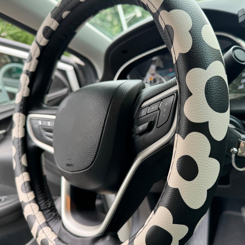 Naxizo Vintage Groovy Flowers Car Leather Steering Wheel Cover - 15-inch Universal Microfiber- Soft & Breathable & Silicone Anti Slip Auto Steering Wheel Wrap for Women (Black) - Image 3