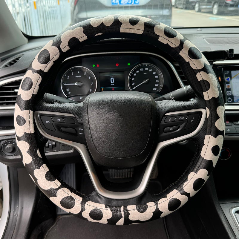 Naxizo Vintage Groovy Flowers Car Leather Steering Wheel Cover - 15-inch Universal Microfiber- Soft & Breathable & Silicone Anti Slip Auto Steering Wheel Wrap for Women (Black) - Image 2