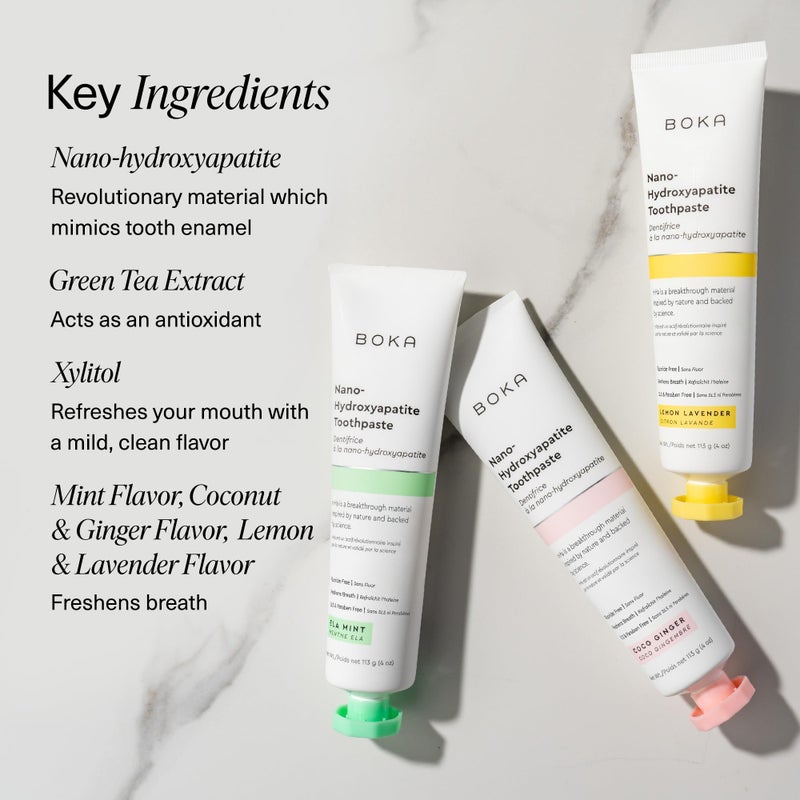 Boka Fluoride Free Toothpaste, Nano Hydroxyapatite Toothpaste, Appropriate for Sensitive Teeth - for Adult, Kids Oral Care - Ela Mint, Coco Ginger, Lemon Lavender Flavor, 4 Fl Oz 3Pk US Manufactured - Image 5