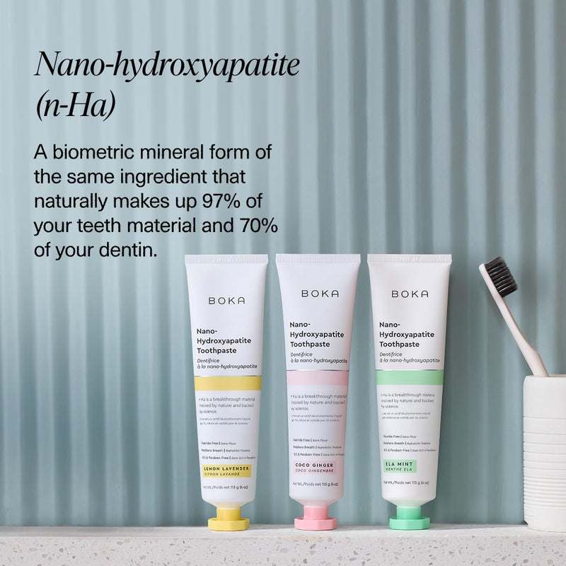 Boka Fluoride Free Toothpaste, Nano Hydroxyapatite Toothpaste, Appropriate for Sensitive Teeth - for Adult, Kids Oral Care - Ela Mint, Coco Ginger, Lemon Lavender Flavor, 4 Fl Oz 3Pk US Manufactured - Image 4