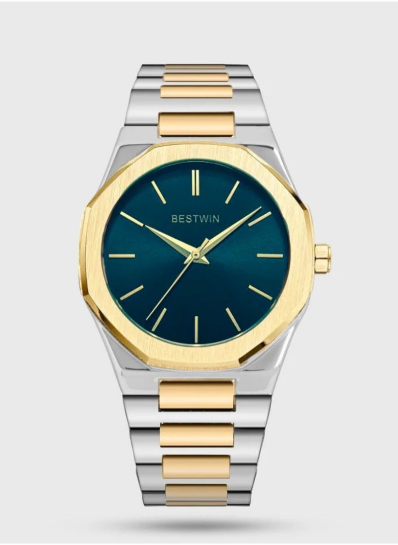 Bestwin A high quality, waterproof steel men's wrist watch from Bestwin, a silver and gold bracelet with a green dial, inspired by the famous D1 Milano watches 