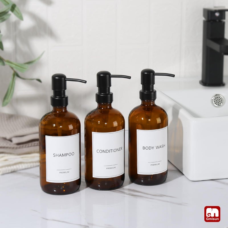 GMISUN Shampoo and Conditioner Dispenser, 3 Pack Amber Glass Bathroom Shampoo Conditioner Body Wash Dispenser with Pump for Shower, 17 Fl Oz Hand Soap Dish Soap and Lotion Dispenser Set for Kitchen - Image 5