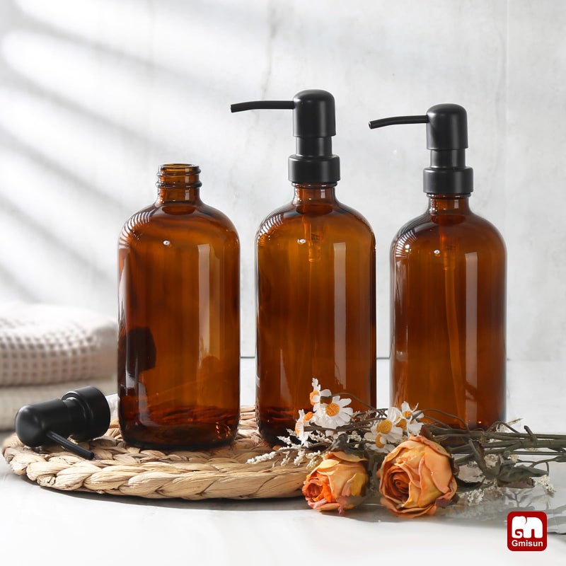 GMISUN Shampoo and Conditioner Dispenser, 3 Pack Amber Glass Bathroom Shampoo Conditioner Body Wash Dispenser with Pump for Shower, 17 Fl Oz Hand Soap Dish Soap and Lotion Dispenser Set for Kitchen - Image 4