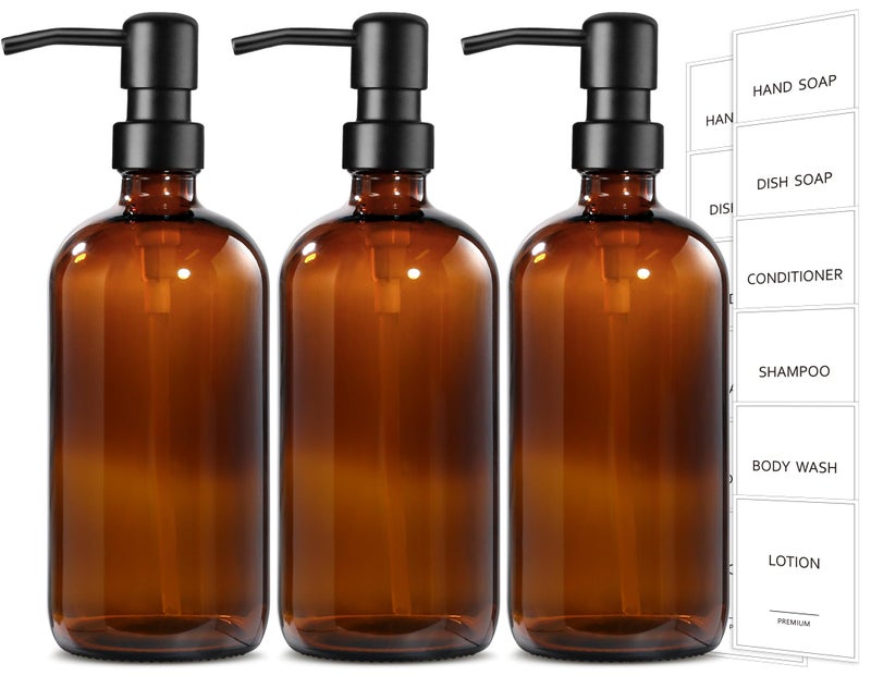 GMISUN Shampoo and Conditioner Dispenser, 3 Pack Amber Glass Bathroom Shampoo Conditioner Body Wash Dispenser with Pump for Shower, 17 Fl Oz Hand Soap Dish Soap and Lotion Dispenser Set for Kitchen - Image 1
