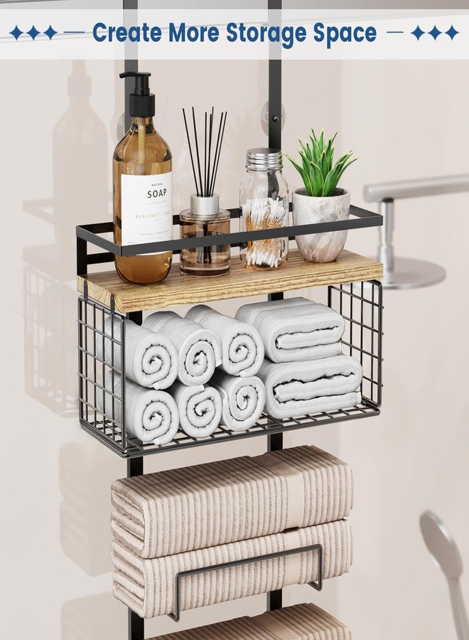 Aetyord Towel Racks for Bathroom Over The Door Towel Racks Towel Storage Organizer with Metal Shelf Basket for Bathroom Rv Camper (7-Tier Black with Wood Plank) - Image 3