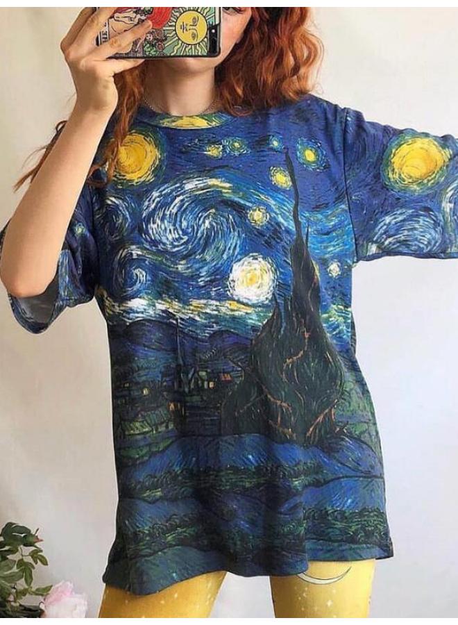 European And American Spring New Van Gogh Starry Night Oil Painting Theme Women's Printed V-neck Short-sleeved Base Shirt 