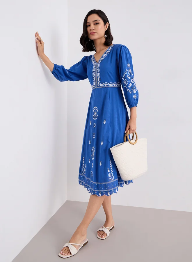 ستايلي Styli Embroidered Balloon Sleeve A-Line Midi dress