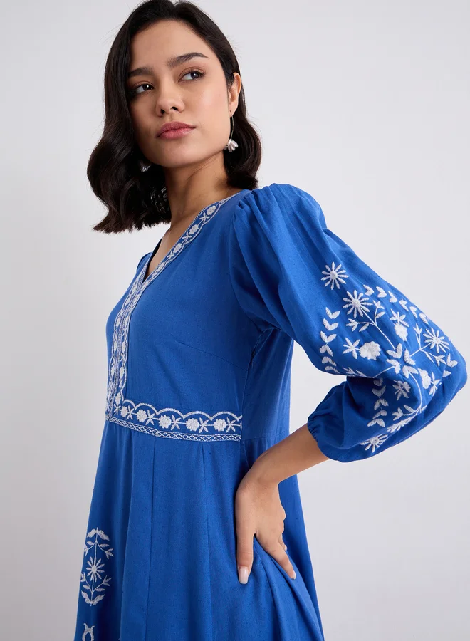 Styli Styli Embroidered Balloon Sleeve A-Line Midi dress