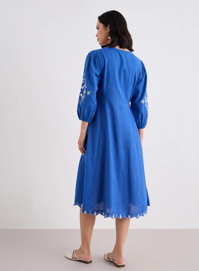Styli Styli Embroidered Balloon Sleeve A-Line Midi dress