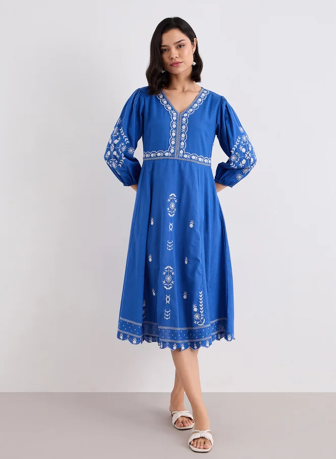 ستايلي Styli Embroidered Balloon Sleeve A-Line Midi dress
