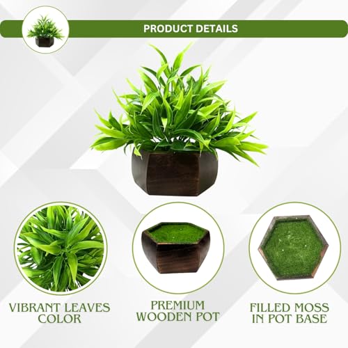 fancymart Artificial Bamboo Leaves in Wood Hexagon Pot - 20cm Height - Home & Office Decor Elegant Potted Plant for Tabletop Enhancement (Pack of 1) - Image 3