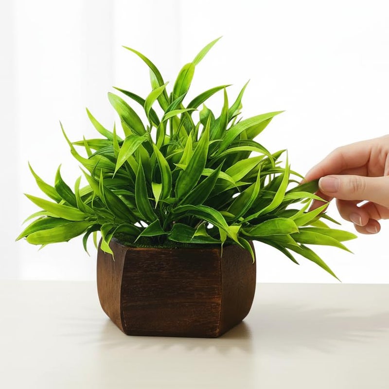fancymart Artificial Bamboo Leaves in Wood Hexagon Pot - 20cm Height - Home & Office Decor Elegant Potted Plant for Tabletop Enhancement (Pack of 1) - Image 2